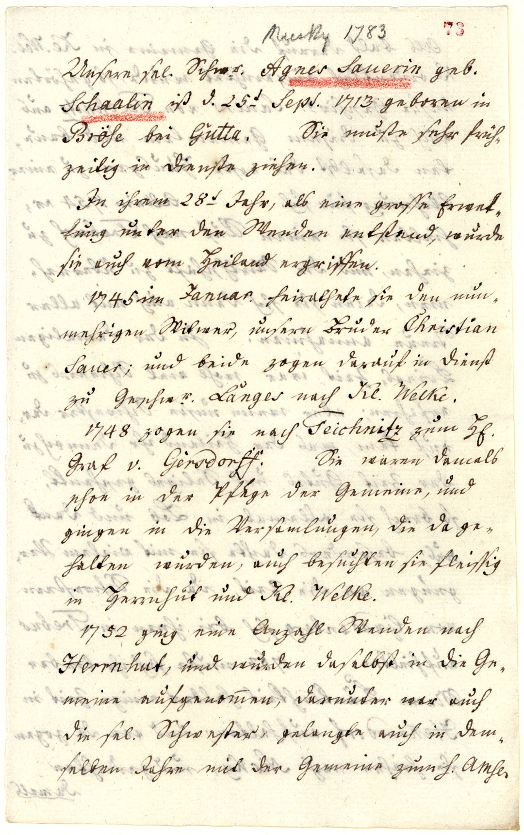First page of Agnes Sauer's memoir, she died in Niesky in 1783. (Unitätsarchiv Herrnhut)